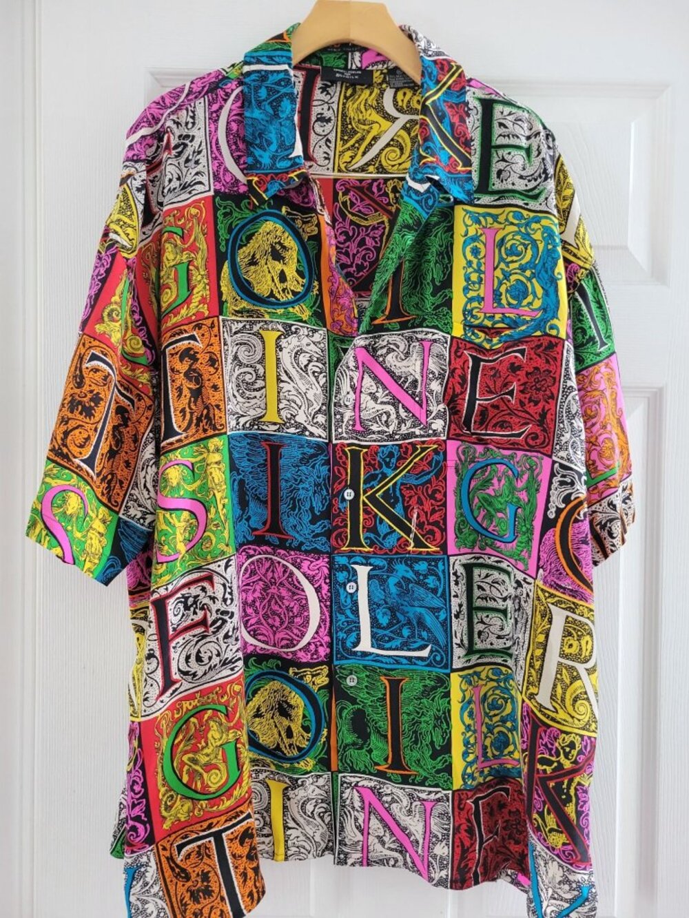 Vintage Timney-Fowler Mens Silk Shirt Renaissance Alphabet Print Designer Art